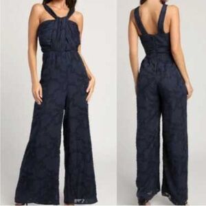 Navy Blue Floral Jacquard Chiffon Lace Jumpsuit - Size M NWT